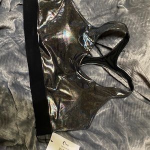 Zyia Gunmetal Disco Ball Oil Slick Luxe Sports Bra. Size XXL. Metallic Silver.